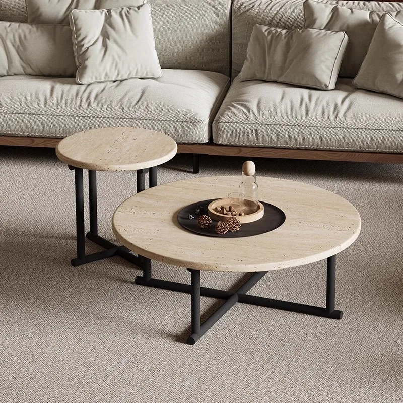 โต๊ะกาแฟหินอ่อนธรรมชาติ ห้องนั่งเล่น บ้านพักอาศัย อพาร์ทเมนต์ขนาดเล็ก ปี 2024 ใหม่ โฮมสเตย์ สไตล์เรโทร โต๊ะกลมไม้จริง