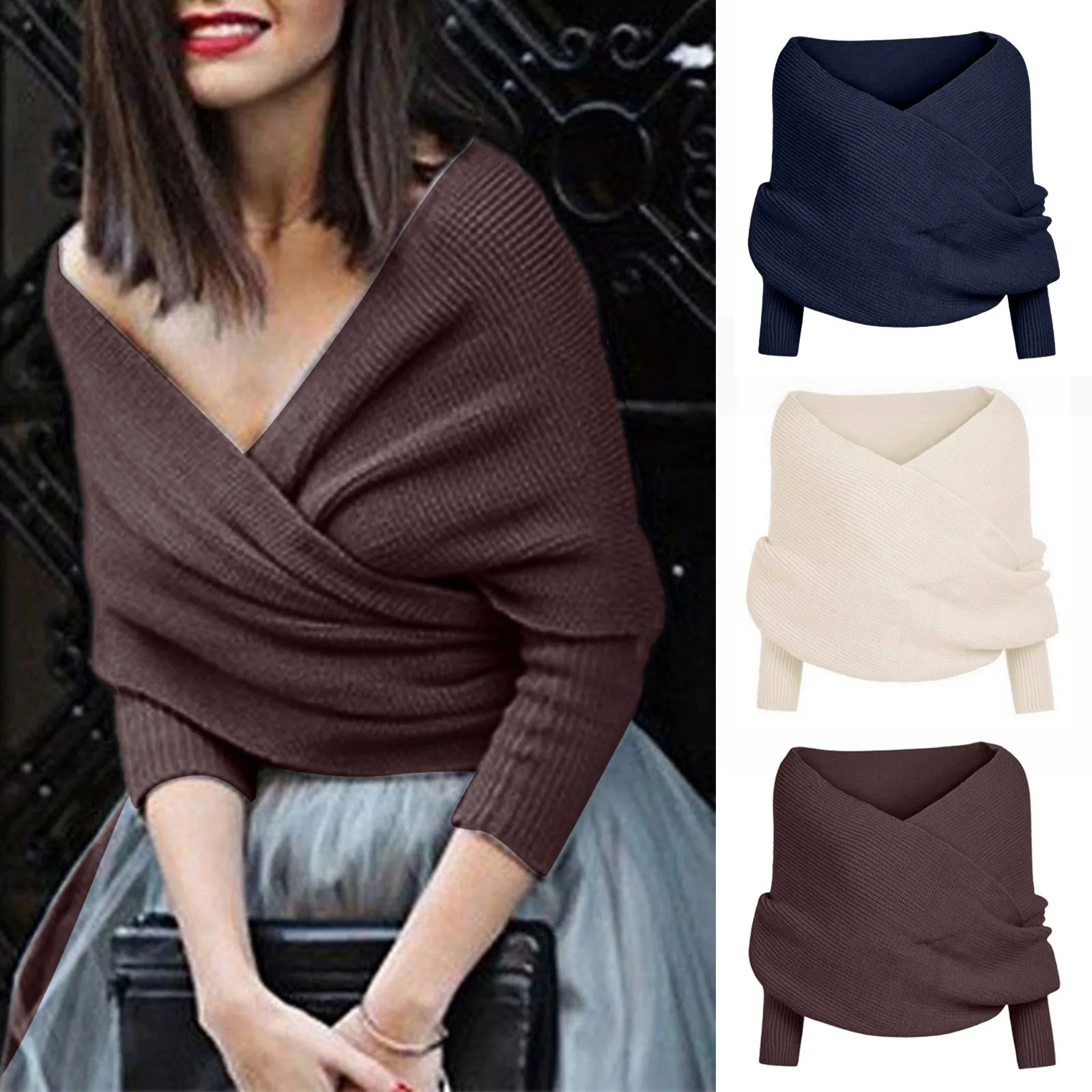 Elegant Off Shoulder Sweater Pullover Sexy Solid Color Cross V Neck Long Sleeve Knitted Scarf Wraps Women's Korean Chic Knitwear