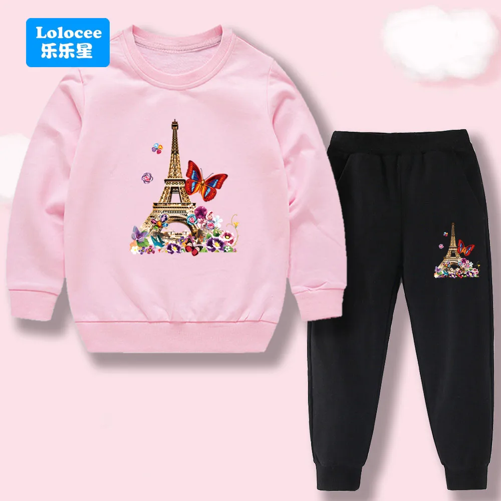 Rosa Sweatshirt- und Jogginghose-Set für Kinder – Eiffelturm-Blumen-Schmetterlingsdruck, lässiges 2-teiliges Kleinkind-Outfit (Alter 3–14) BLTT1