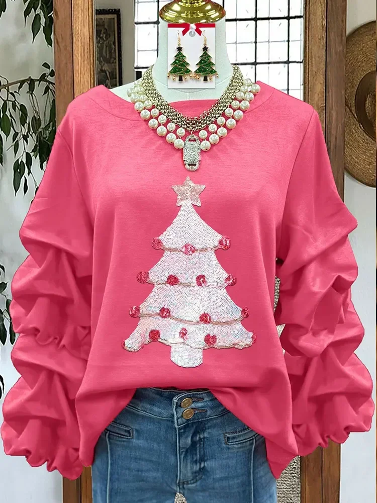 Sudadera de mujer con top plisado con lentejuelas y árbol de Navidad dulce