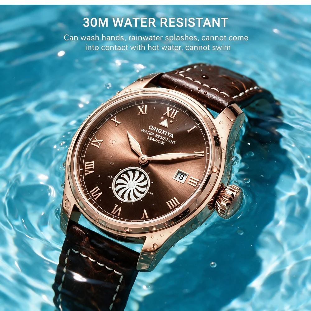 QINGXIYA Marken-Modeuhren für Herren, Turbinen-Sekundenanzeige, Quarzuhr für Männer, Hochwertige Leder-Armbanduhr, Wasserdicht, mit Datumsanzeige – Detail 5