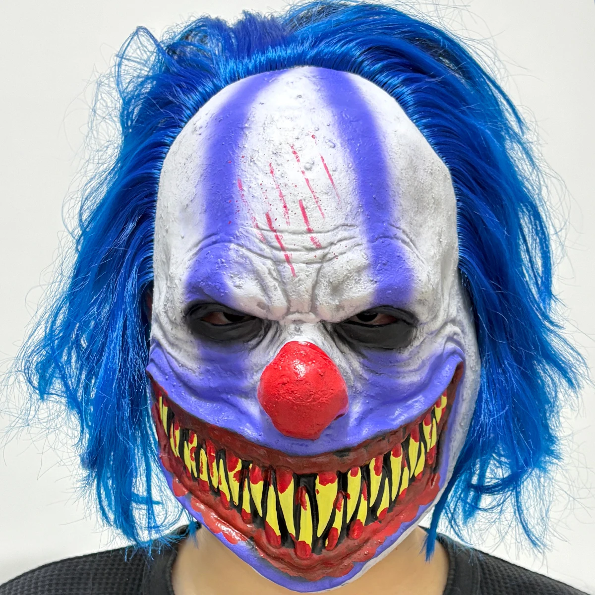 Scary Evil Clown Latex Mask with Blue Wig, Sharp Fangs Horror Mask, Adult Halloween Masquerade Haunted House Cosplay Party Costu
