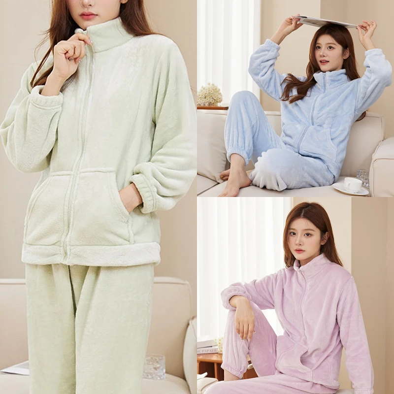 Thickened Warm Flannel Pajamas Women Fall Winter Outside Korean Coral Velvet Sweet Leisure Padded Home Clothing Comforts Soft