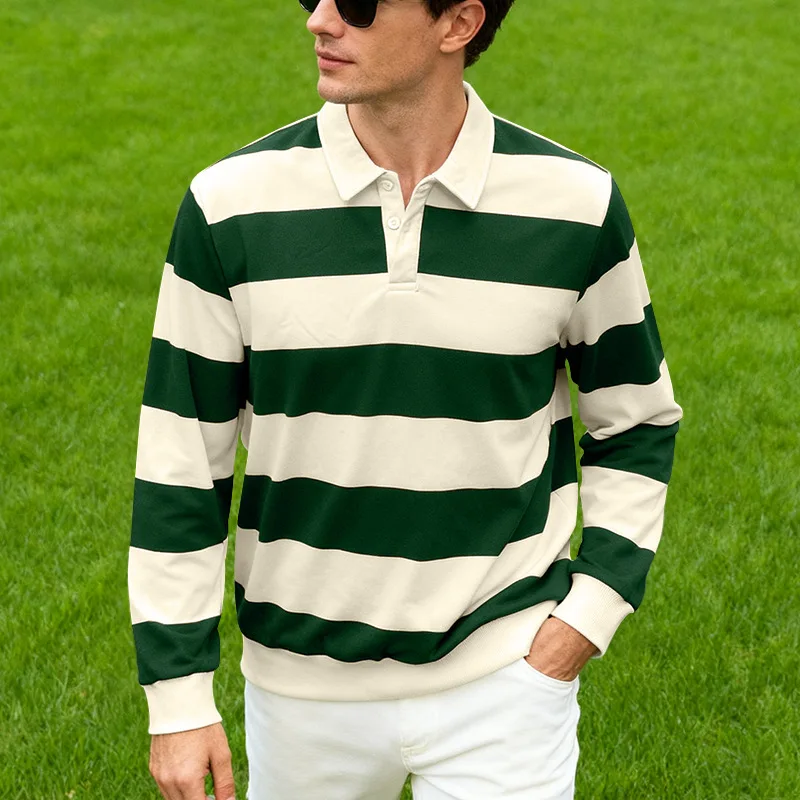 Heren gestreept rugbypolo met lange mouwen en kraag, casual school, buitensport, casual 3D-printen, lente, herfst en winter