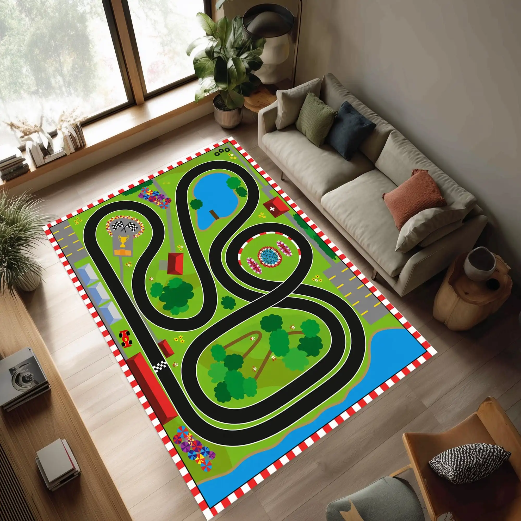 Living Room Rug Multiple Ring Racing Tracks Printed Large Rectangular Carpet Red White Curb Border for Playroom Sofa Floor