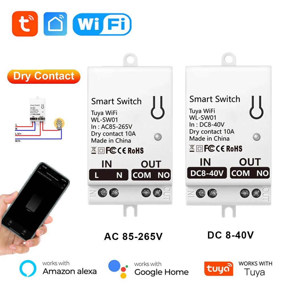 

Tuya WiFi Switch Module Dry Contact Smart Home DIY Breaker Relay 10A DC 8-40V/AC 85-265V Works with Alexa Google Home Assistant