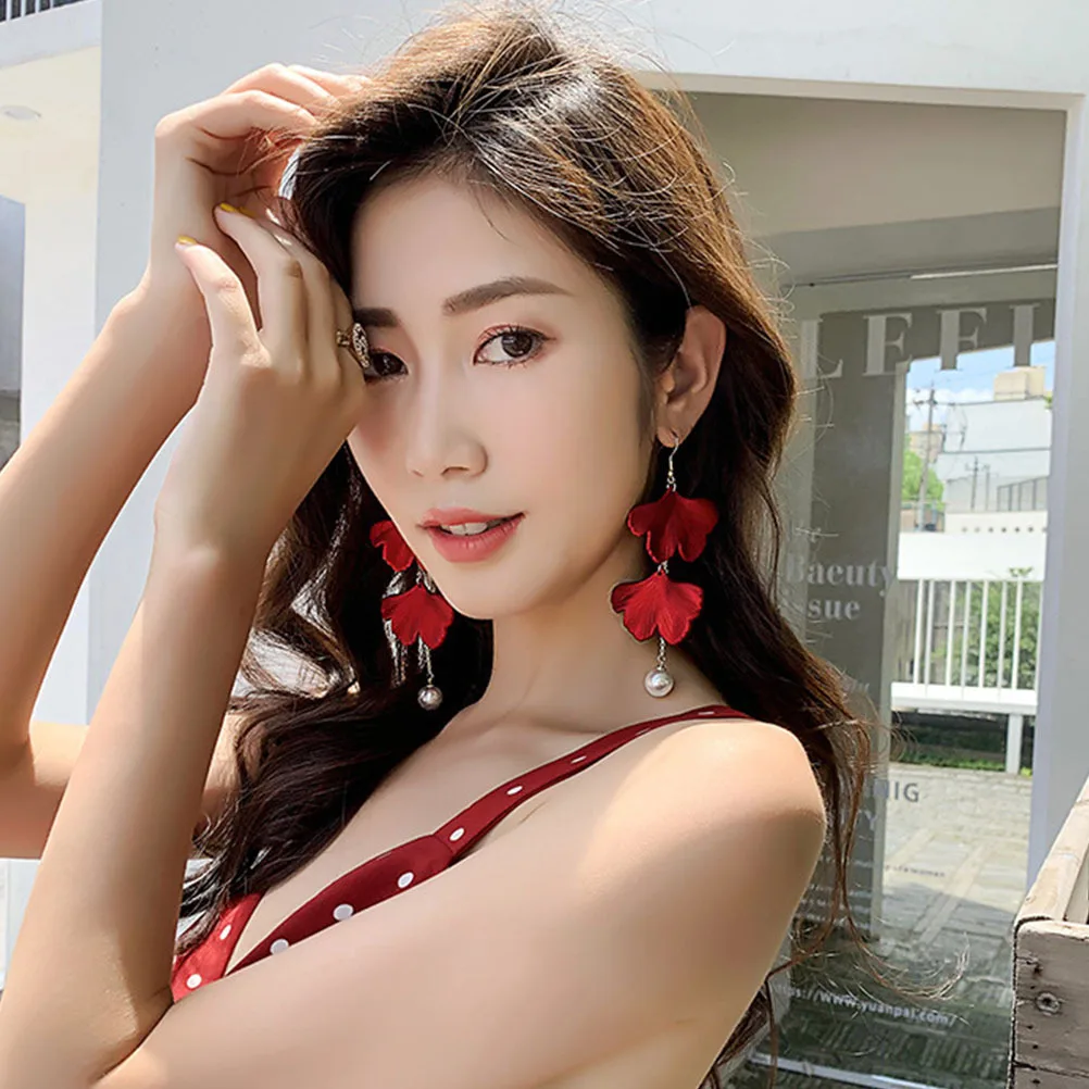 

1Pair Red Ginkgo Leaf Pearl Earrings 925 Sterling Silver Stylish Dangle Ear Pendant Chic Festival Jewelry for Holiday Events