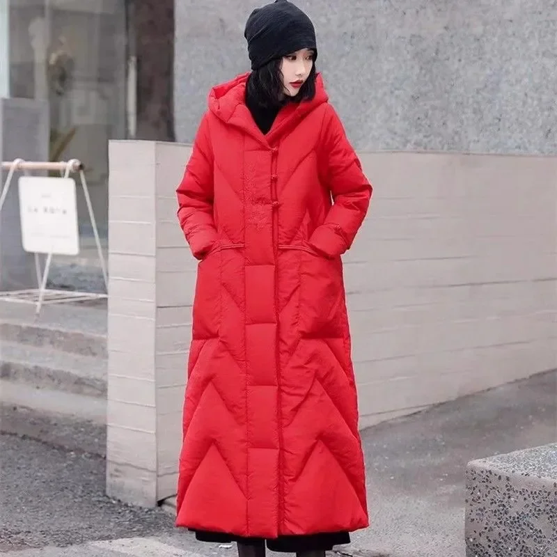 2025 Winter New Hooded Loose Cotton Padded Retro Chinese Style Coat Women's Thicken Warm Long Overcoat Female Cotton Parka