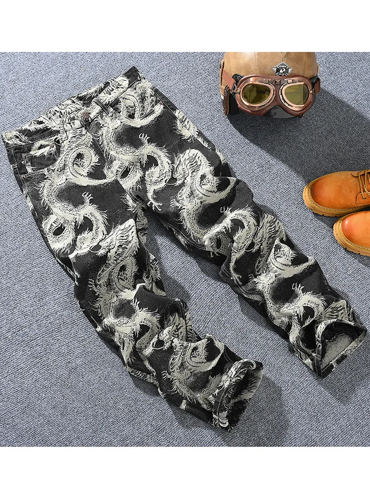 جينز فضفاض بأرجل مستقيمة ومطرز بنمط تنين على الطراز الصيني للرجال والشباب وسراويل عصرية كلاسيكية عالية الشارع #2