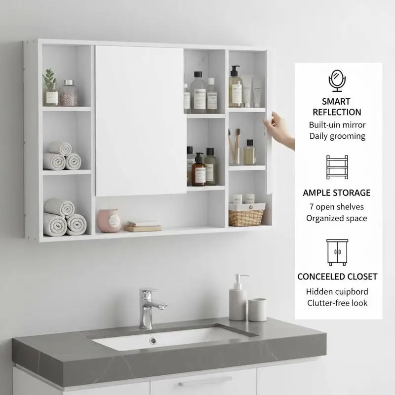 Armoire murale de salle de bain avec miroir, meuble de salle de bain, 7 étagères ouvertes et placard, 100 x 15 x 70 cm, blanc