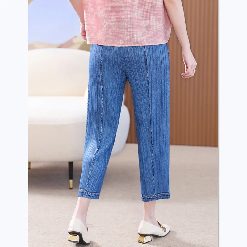 Women Pants Summer Casual  2023 New High Waist Loose Stretch Miyake Pleated Ankle Length Denim Trousers