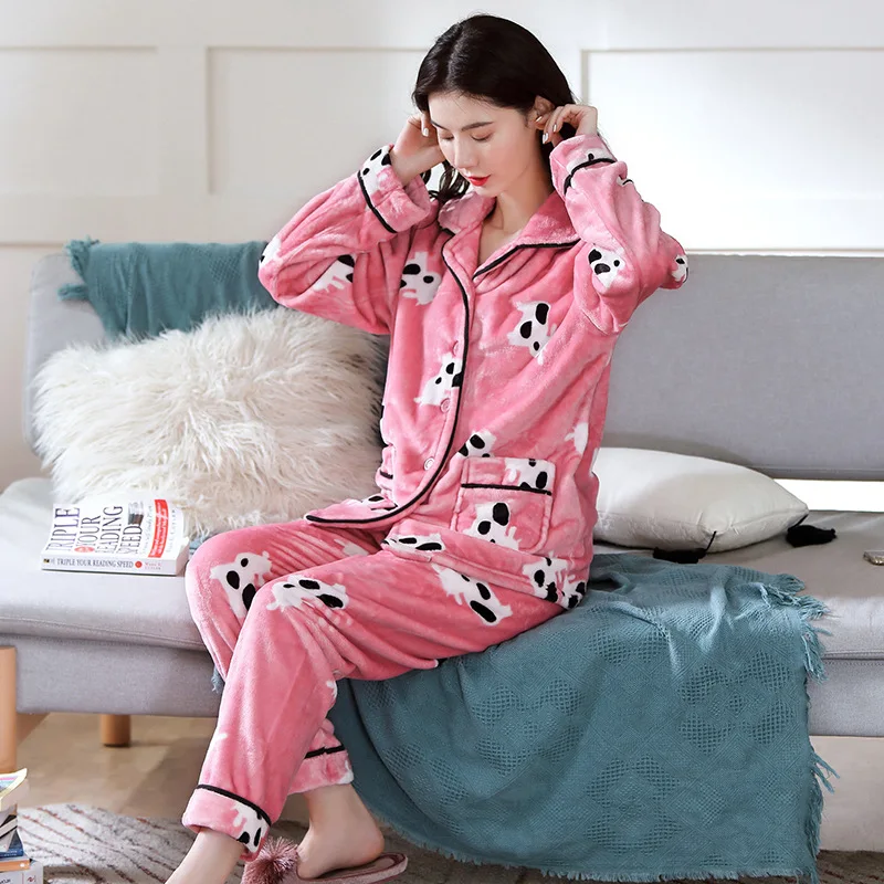 New Ladies Autumn Winter Sleepwear Warm Thickened Pajamas Set Flannel Soft Casual Nightwear Long Pants Homewear Pajamas