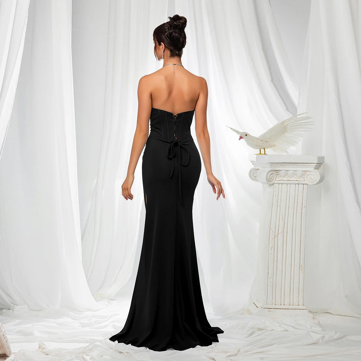 VIPGIRL Women's Black Strapless Prom Dress Corset Ruched High Slit Lace-Up Mermaid Evening Gown