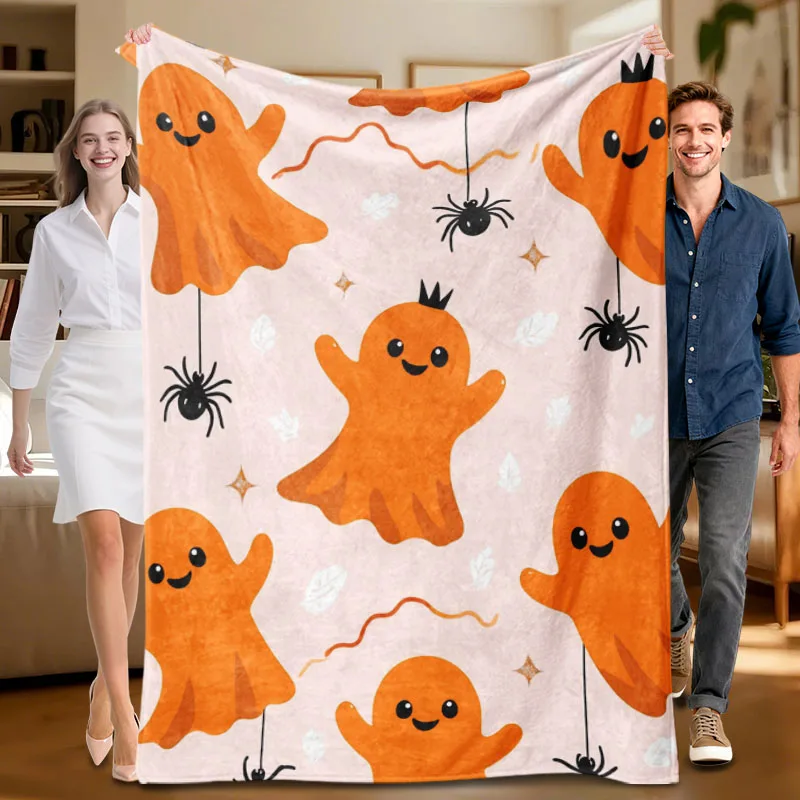 

1 piece orange ghost-themed flannel blanket, soft, suitable for sofa, bed, office, all-season use.