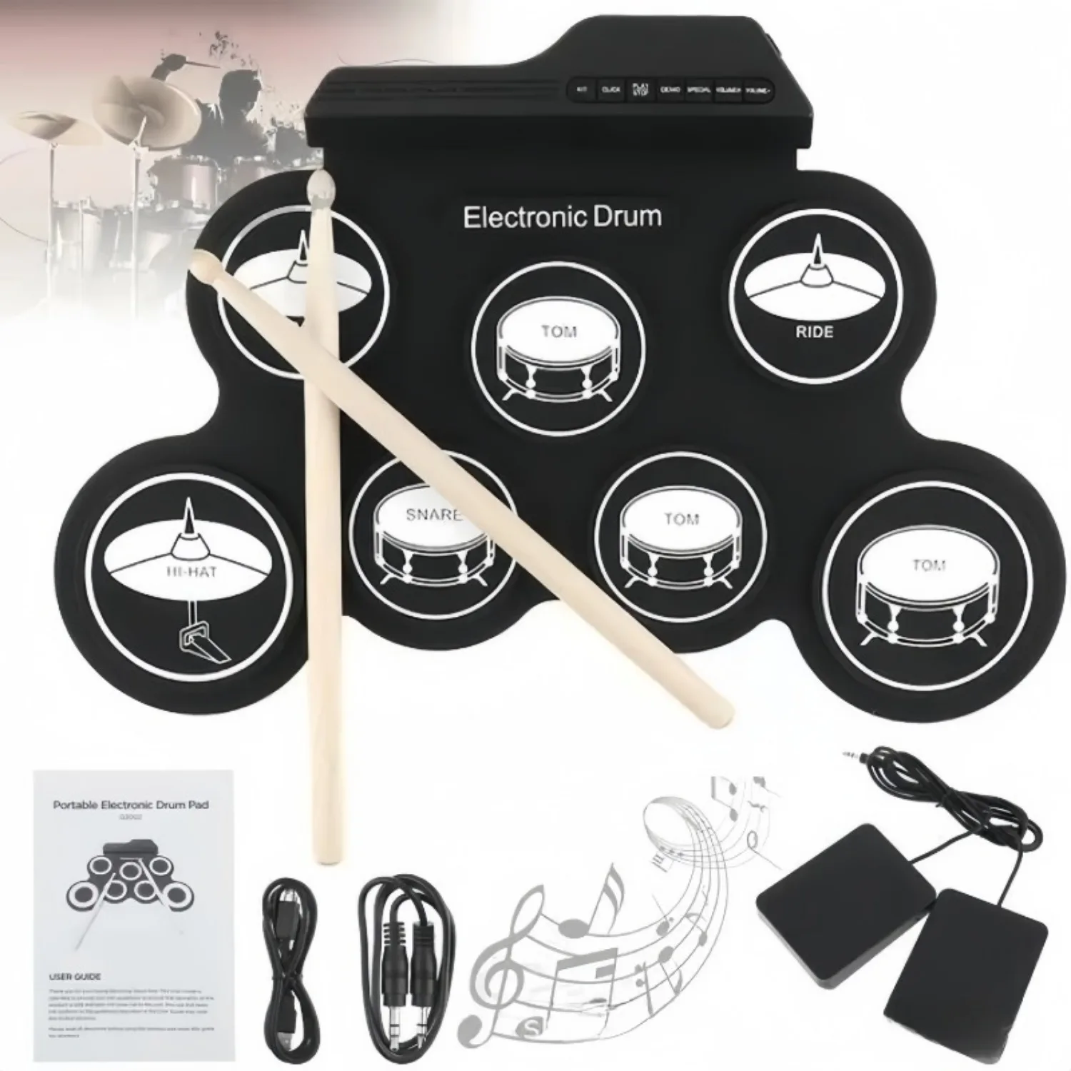 Folding Music Drums Hand Roll USB Electronic Silicon Drum Portable Practice Drums Kit 7-Pad Kit With Drumsticks Sustain Pedal