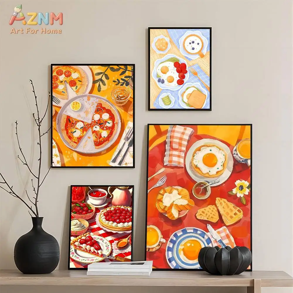 AZNM Colorful Food Illustration Canvas Wall Art Print, Breakfast Pizza Dessert Watercolor Style Poster for Kitchen Dining Room H