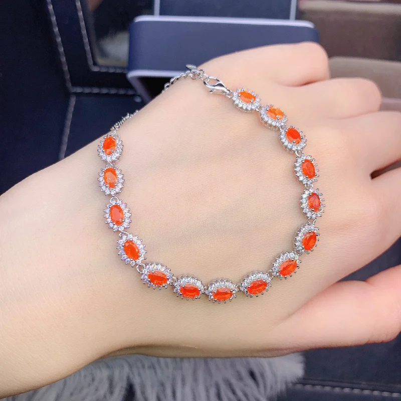 Gemicro Oval 3x5mm Mexican Rare Natural Orange Fire Opal Bracelet Sterling Silver Earth Mined Opal Gemstone