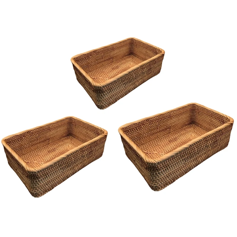 

Hand-Woven Rattan Wicker Basket Fruit Tea Snack Bread Basket Cosmetic Rectangular Storage Box Household Kitchen Supplies