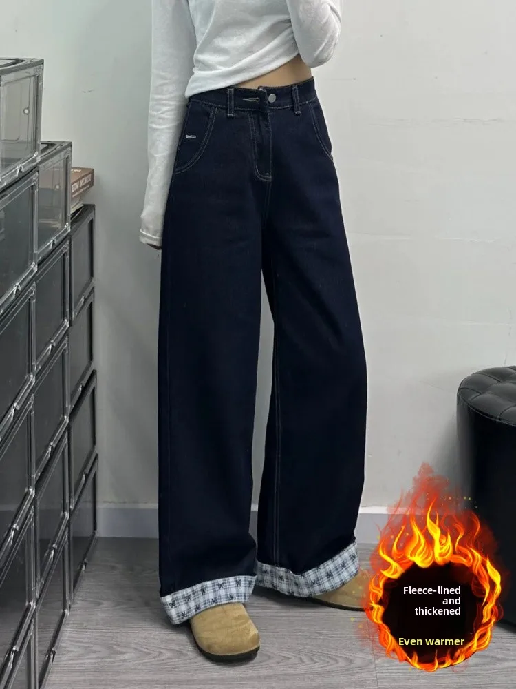 

Джинсы больших размеров Fce Lined Thi, женские осенне-зимние широкие брюки с высокой талией, утягивающие прямые брюки, повседневные брюки