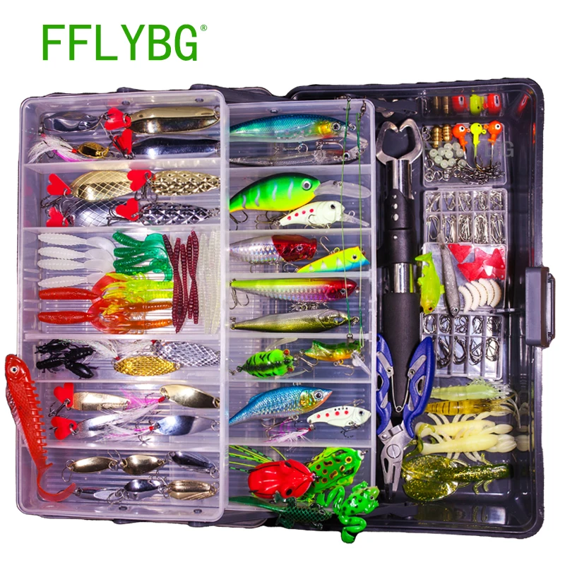 

FFLYBG New Mixed Fishing Lure Set Soft and Hard Bait Kit Minnow Metal Jig Spoon Tackle Accessories with Box For Bass Pike Crank