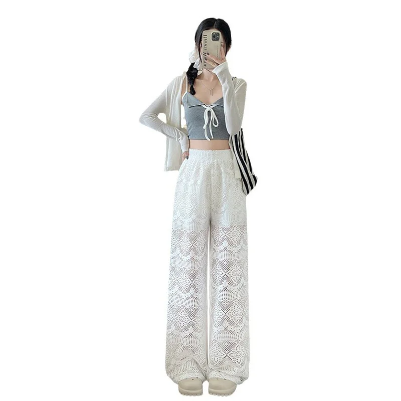 Witte Kanten Taille Wijde Pijpen Broek Voor Vrouwen Zomer Gedrapeerd2025New Hoge Taille Afslanken Rechte Broek Vloerlengte Casual Broek