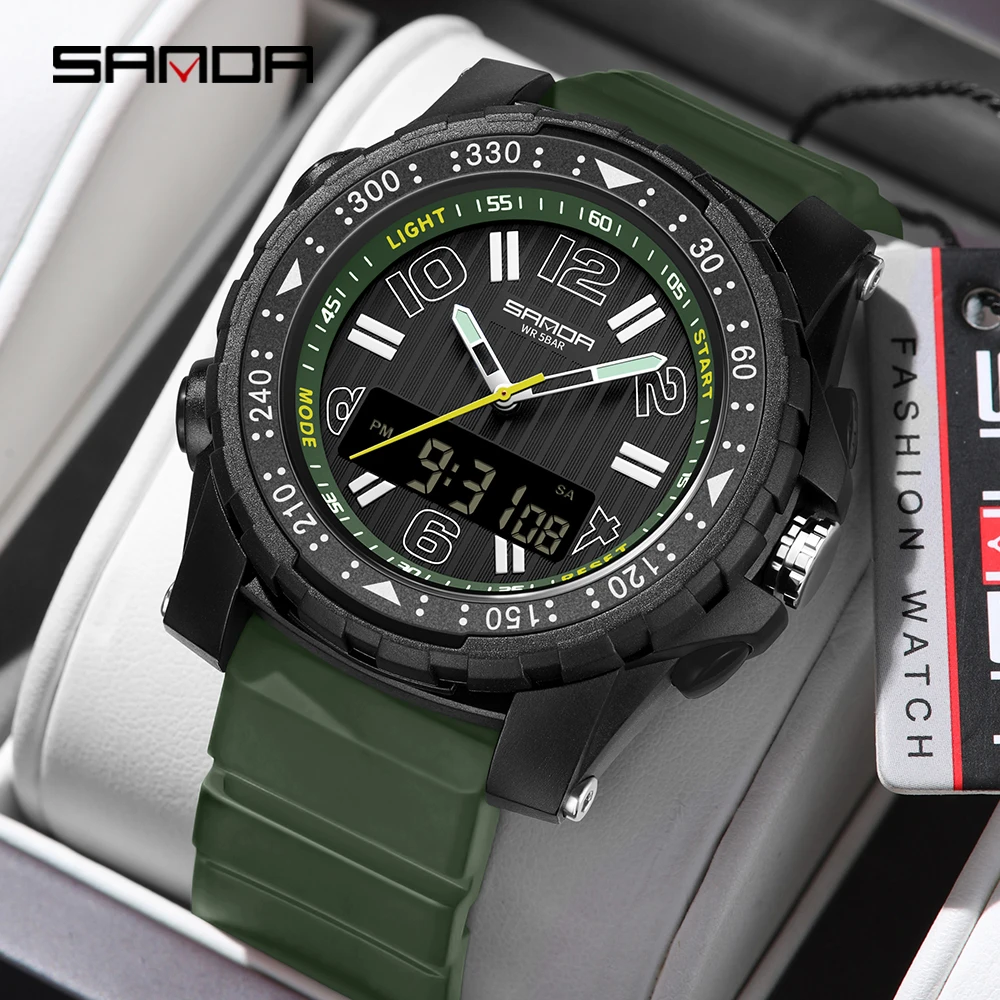 SANDA 3375 Luxury Men's Electronic Watch Dual Display Multi Functional Waterproof LED Night Light Student Electronic Watch 2026