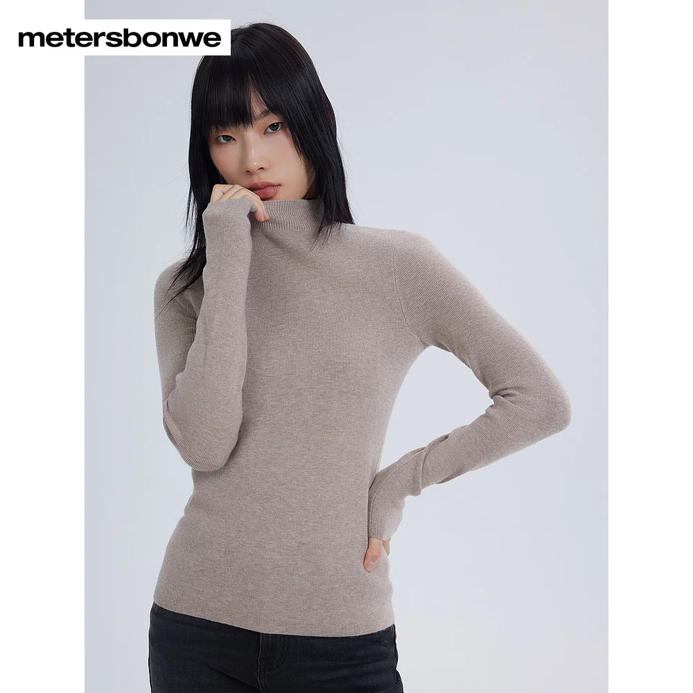 

Metersbonwe-Women Mock Neck Lengthening Sleeve Sweater Jumper Solid Color Slim Skin Friendly Base Shirt Commuter Elegant Winter