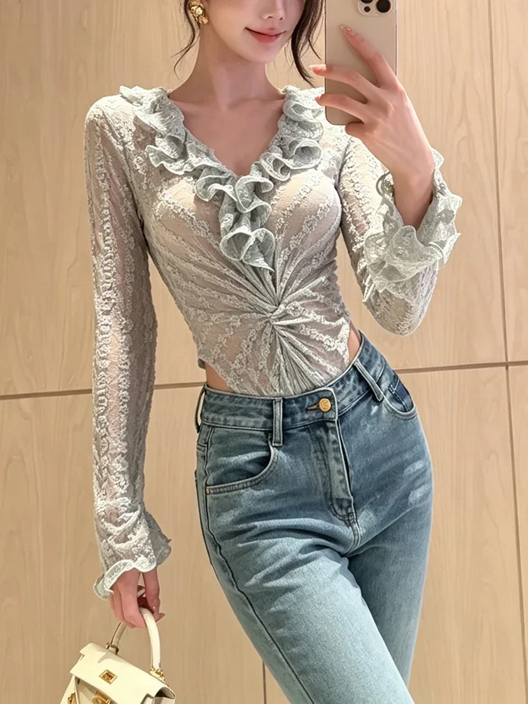 Weird Puss Ruffled Edge Patchwork Bodysuits Women Fashion Simple See Through Ruched V-Neck Full Sleeve Hottie Party Clubwear