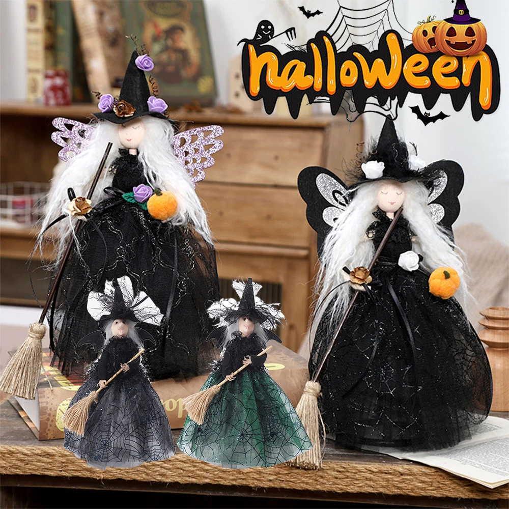 Halloween Witch Doll with Broom Haunted House Doll Ornaments Halloween Witch Tree Topper Decoration for Halloween Party Decor