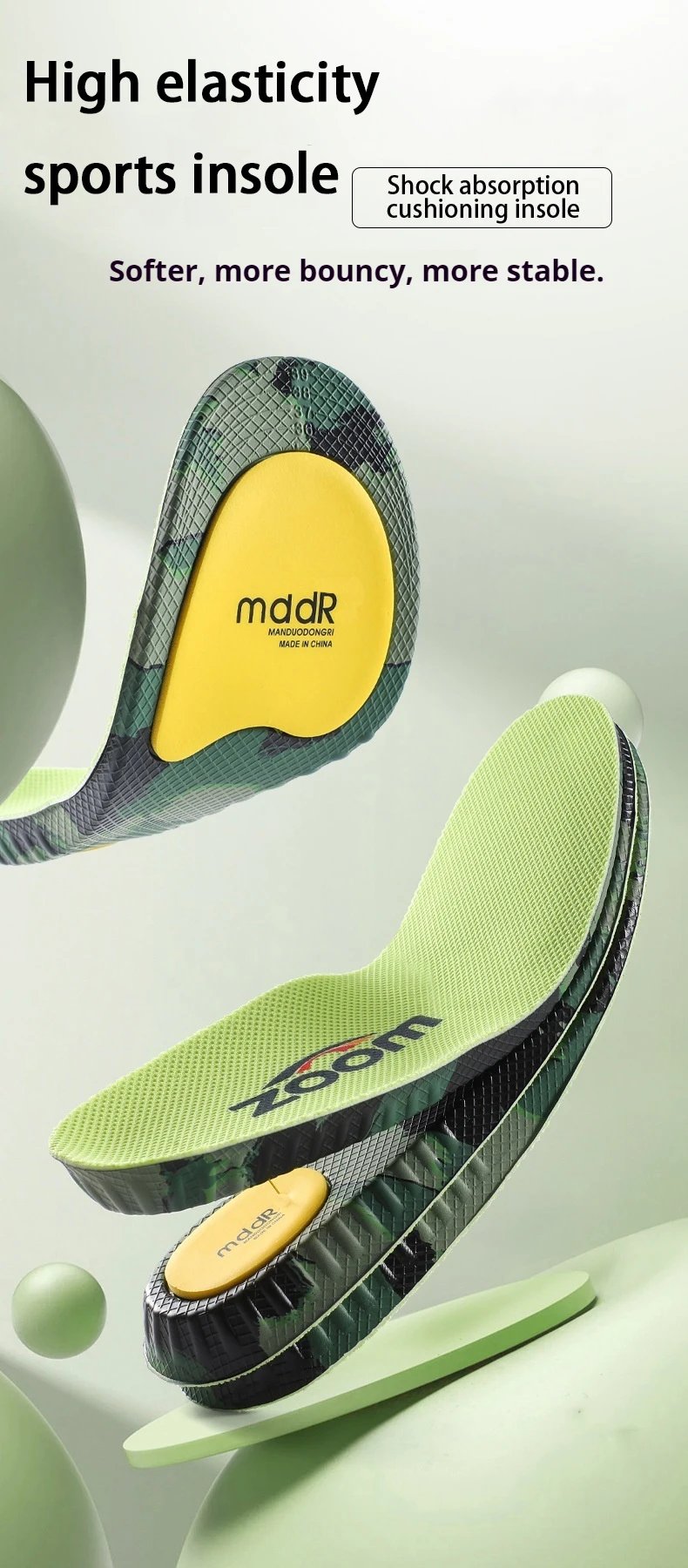 Neue, hochelastische, stoßdämpfende Einlegesohlen, atmungsaktiv, rutschfest, für Sport, mit Fußgewölbestütze, orthopädische Schuhpolster, 1 Paar. – Detail 1