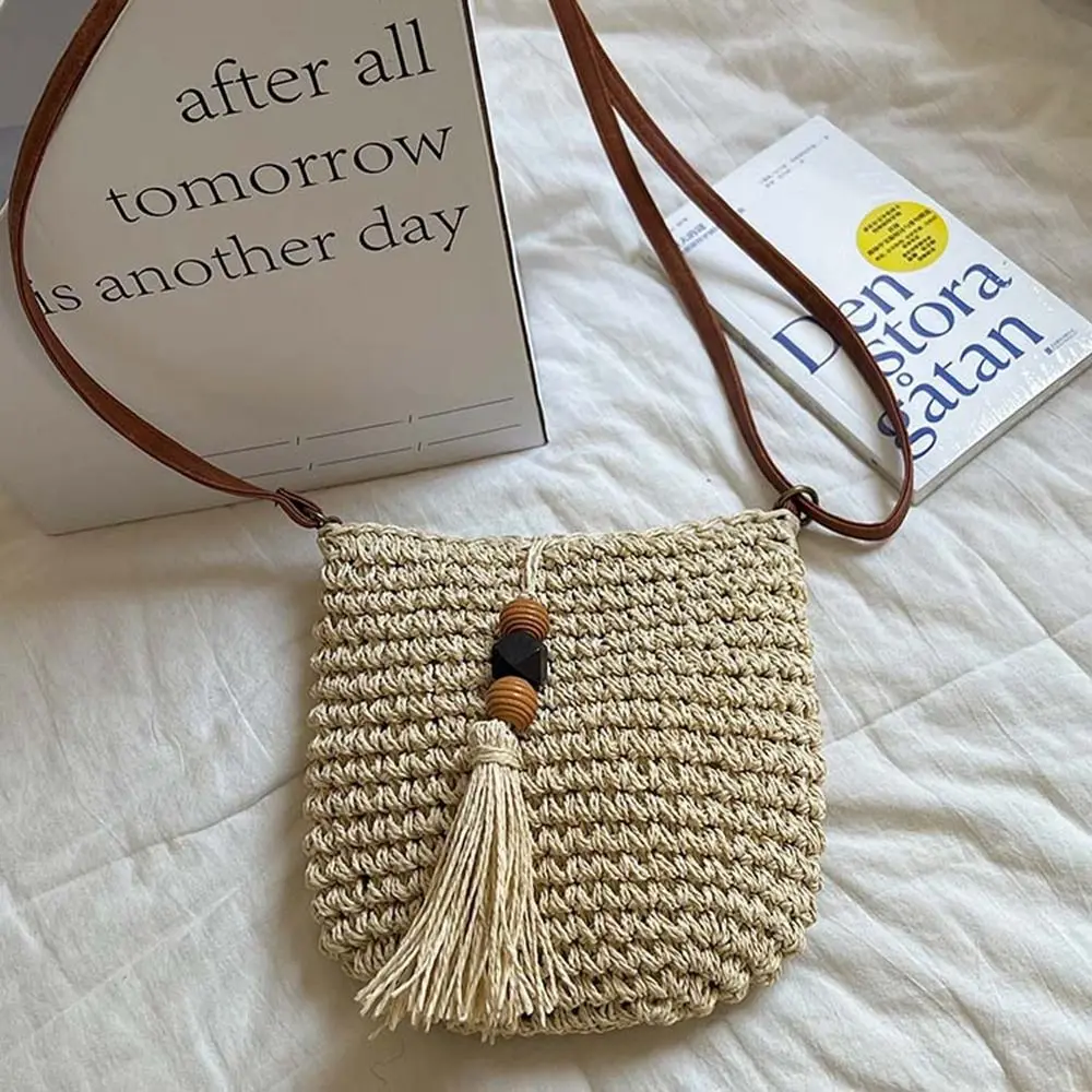 

Casual Pu Leather Raffia Bag Tassels Wood Bead Weave Straw Crossbody Bag Hollow Out Bohemian Style Tassels Beach Bag Holiday