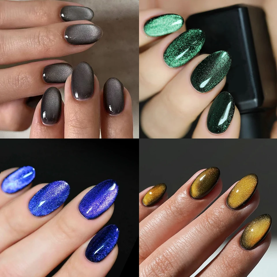 96 piezas (4 estilos) de uñas postizas cortas ovaladas en azul, verde y gris, efecto ojo de gato cristal, estilo Y2K 2