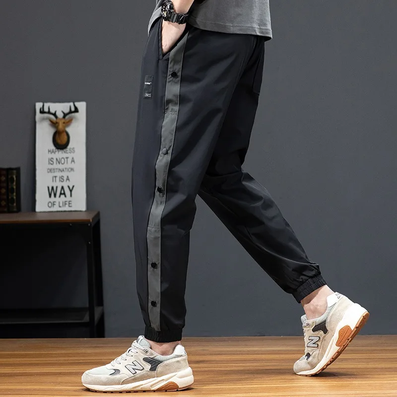 Sport Casual Pants Men 2022 Summer Baggy Quick Drying Joggers Fashion Side Stripe Button Gym Running Black Jogging Trousers