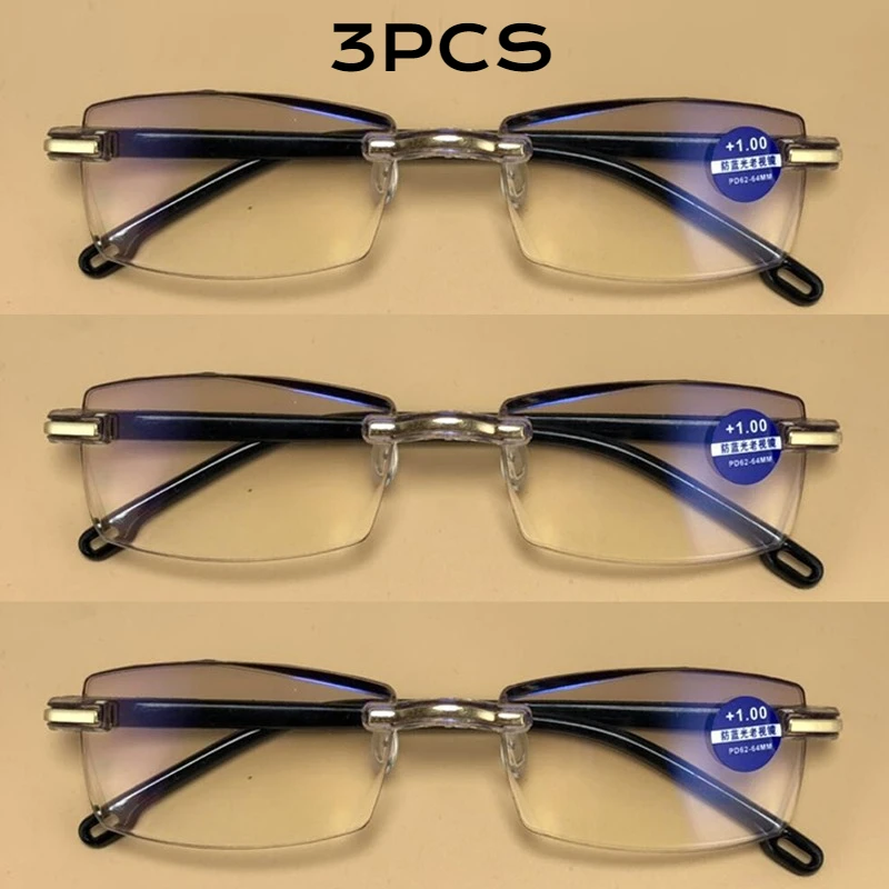 3PCS Männer Randlose Platz Grau Objektiv Lesebrille Frauen Anti-blau Licht Presbyopie Computer Brillen Weit Anblick + 1,0 + 1,5 Bis + 4,0