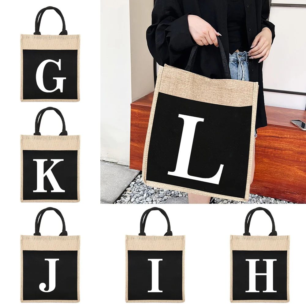 

Tote Bags Reusable Linen Shopping Bag Women's Tote Grocery Shopping Bag White Letter Series Convenient Picnic Bag Supermarket