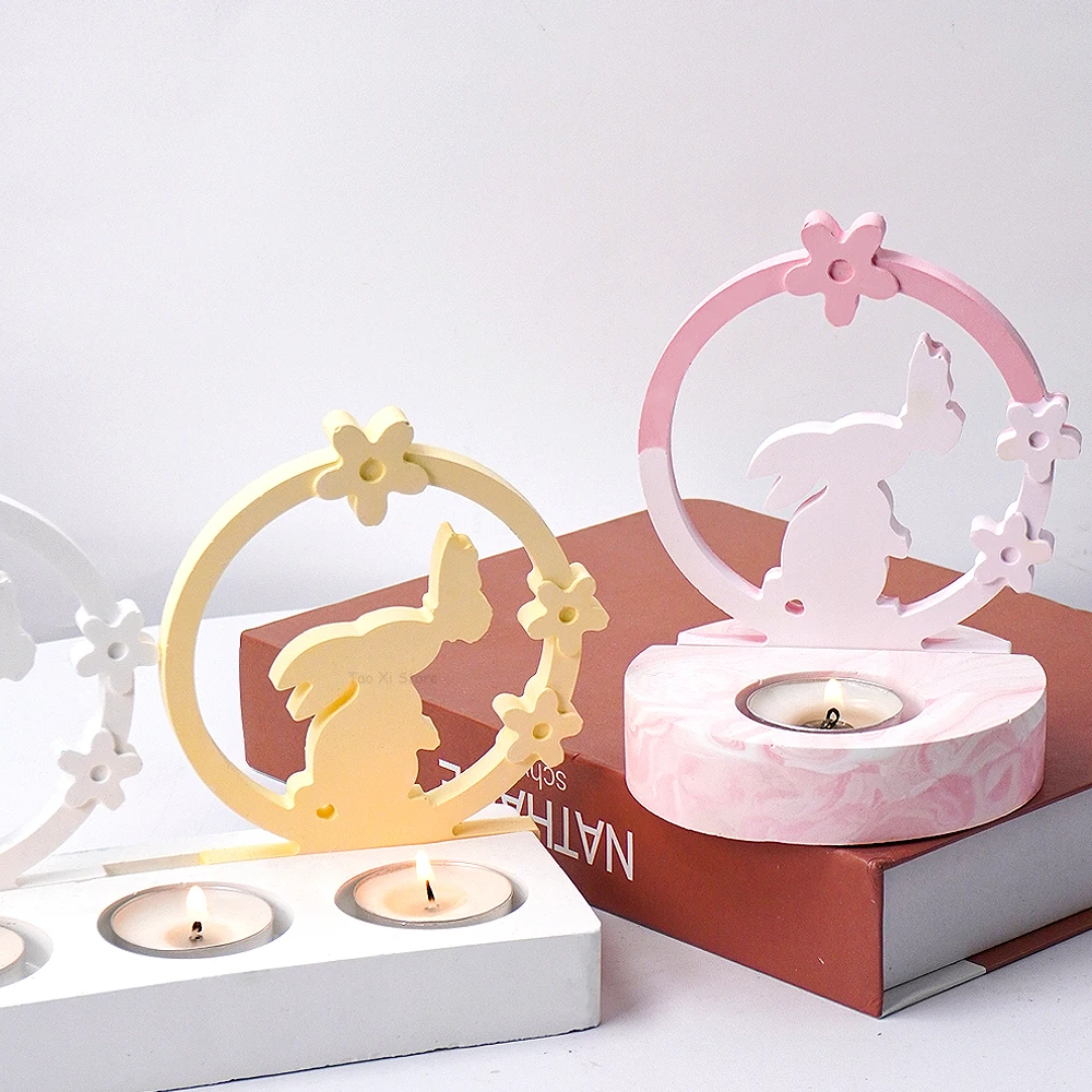 Rabbit Kiss Butterfly Candle Holder Mold DIY Circle Bunny Resin Candstick Molds Plaster Concrete Handmade Home Crafts Decor