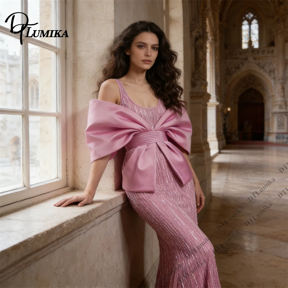 Robe de bal fourreau personnalisée DTLumika pour femme avec manches à nœuds, robes de soirée longues fourreau ornées de perles pour soirées caritatives et dîners