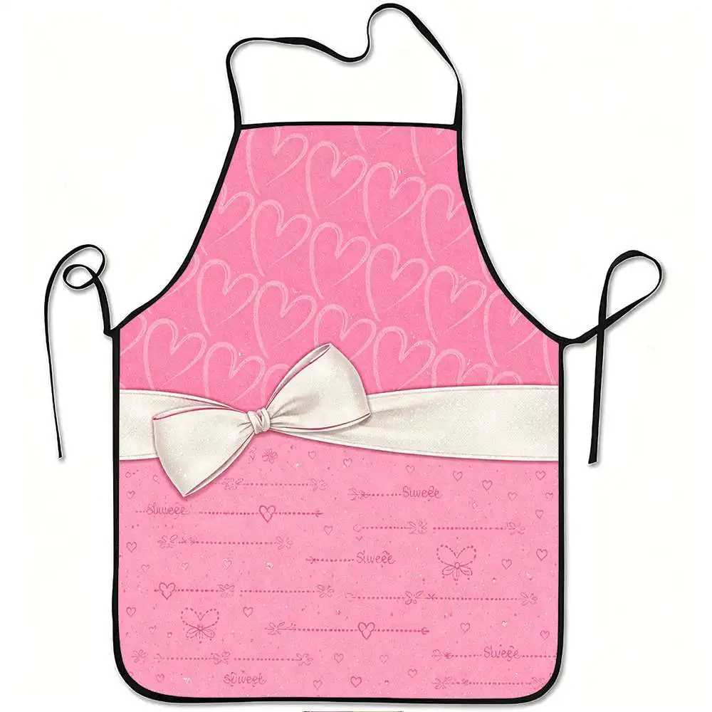 

1pc Pink Hearts & Bow Apron - Adjustable Waistband, Durable Easy-Clean Polyester Suitable for Kitchen Cooking