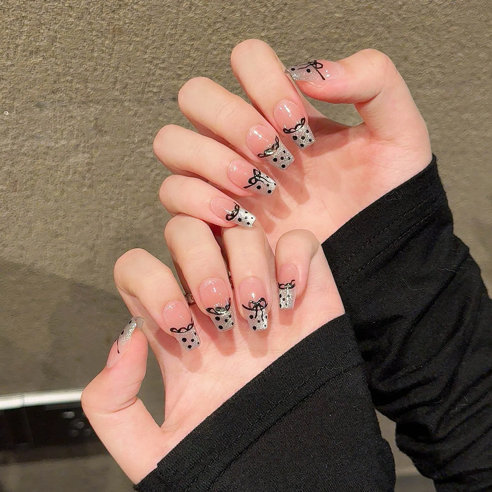 Faux ongles courts et carrés pour nail art, blush rose fait à la main, style français, dentelle, points ondulés, nœuds papillon, dessins, 10 pièces, N64.N64.