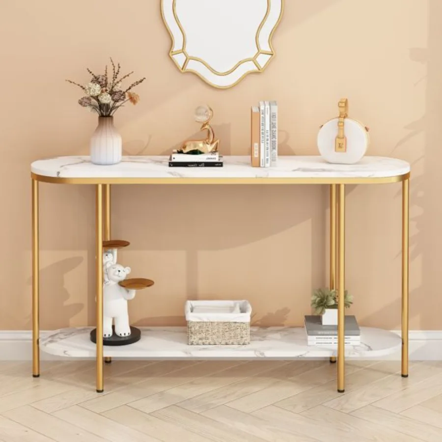 

[Old Code: 22504192]Console Table 2 Tier Narrow Entryway Table with Storage Shelves Faux Marble Narrow Table for Living Bedroom