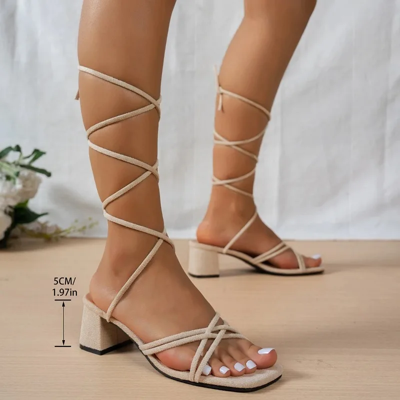 

Женские летние босоножки больших размеров на каблуке с квадратным носком, на шнуровке, нескользящие, износостойкие