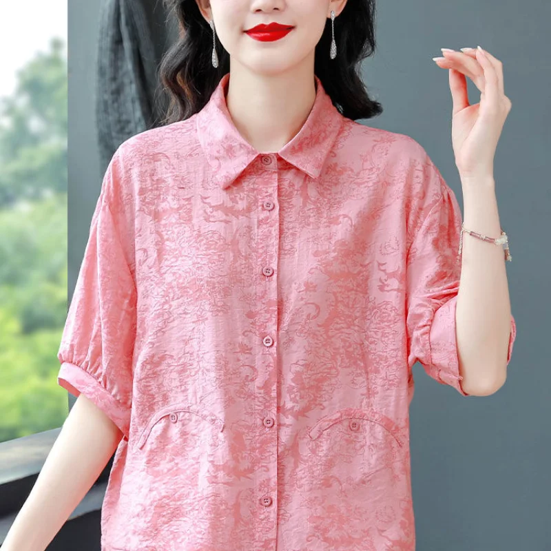 2024 New Summer Korean Fashion Elegant Minimalist Loose Blouses Thin Half Sleeves Polo Collar Printed Button Women\'s Shirt Top