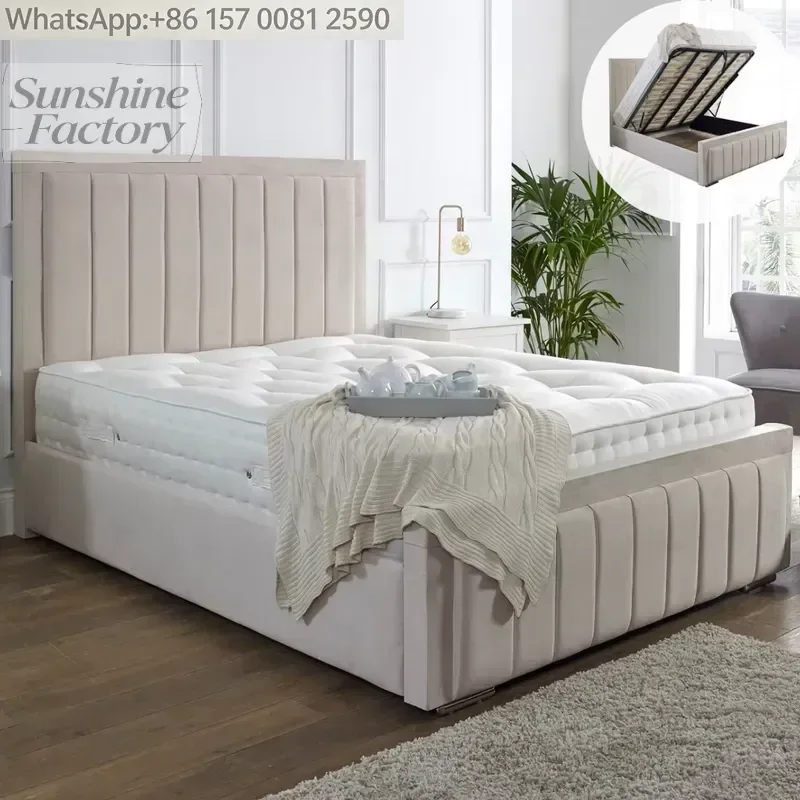 Cheap Home Furniture Storage Bed Disassembled Upholstered Metal Bed Frame with Slant Push Hydraulic Brackets