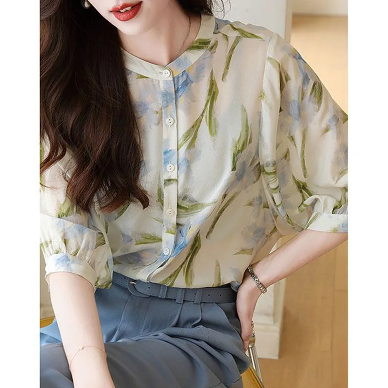 Summer New Fashion Stand Collar Single Breasted Shirt Office Lady Printing Loose-fitting Three Quarter Sleeve Chiffon Blouse