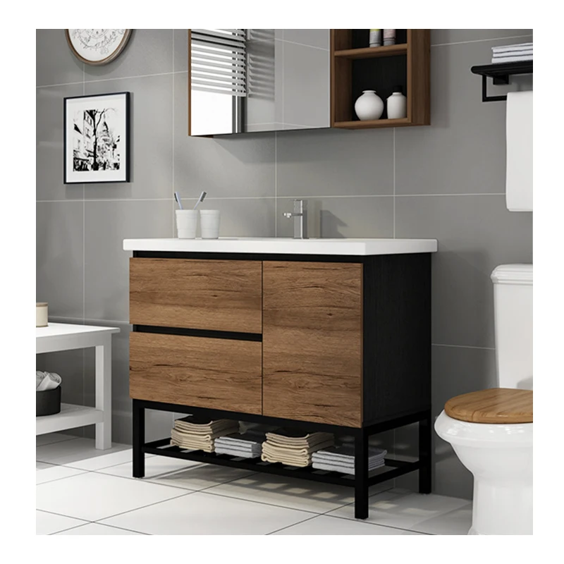 Modern Mounted Solid Oak Wood Online Technical Double Sink Bathroom Vanities Cabinet Furniture with Sink and Mirror