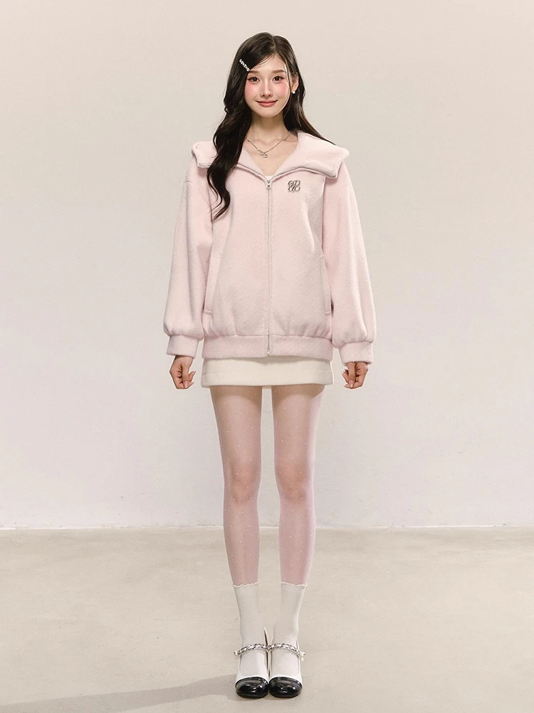 Damska kurtka z kapturem na zamek błyskawiczny REDDACHiC Cutecore, wełniana tweedowa, jednolita, codzienna, z kieszeniami, oversize, z klapami, bluza z kapturem, odzież wierzchnia na jesień i zimę.