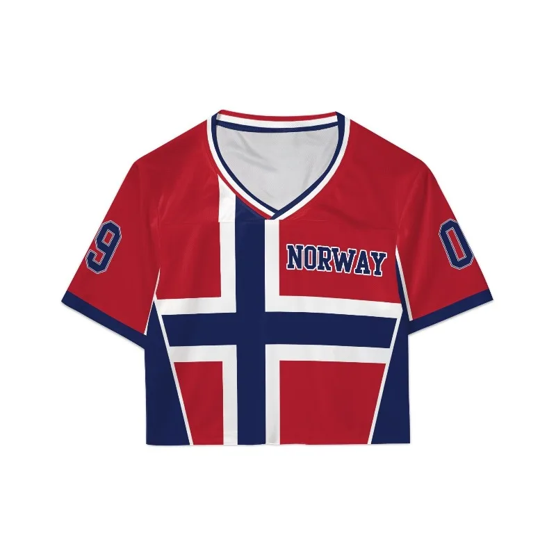 2026 Summer New Women Norway Style Print Sport Jersey Round Neck Short Sleeve Jersey Cheerleaders Crop Top Casual T-shirt
