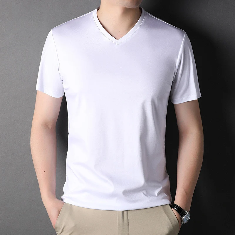 BROWON Brand Mulberry Silk T-shirt Men 2024 Fashion Summer Thin Short Sleeve Men Tshirt Solid V-Neck Collar Regular Men Clothing