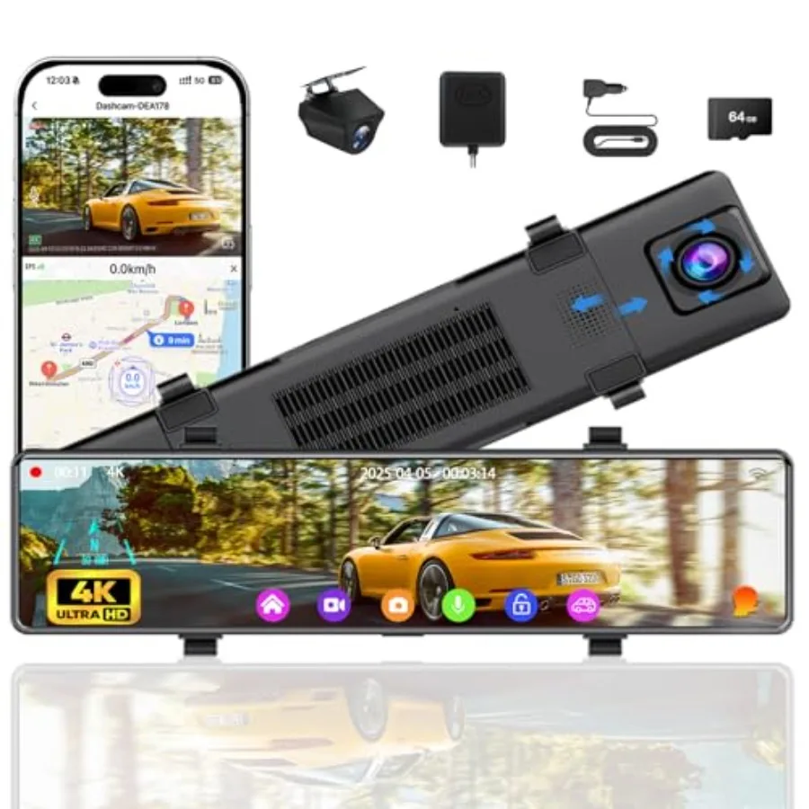 Cámara de Coche con 12 Lentes, Delantera y Trasera, 4K Dual Dashcam para Autos con Control por Voz, WiFi, ADAS, BSD, LCA, GPS, Asistencia de Reversa, Sensor G