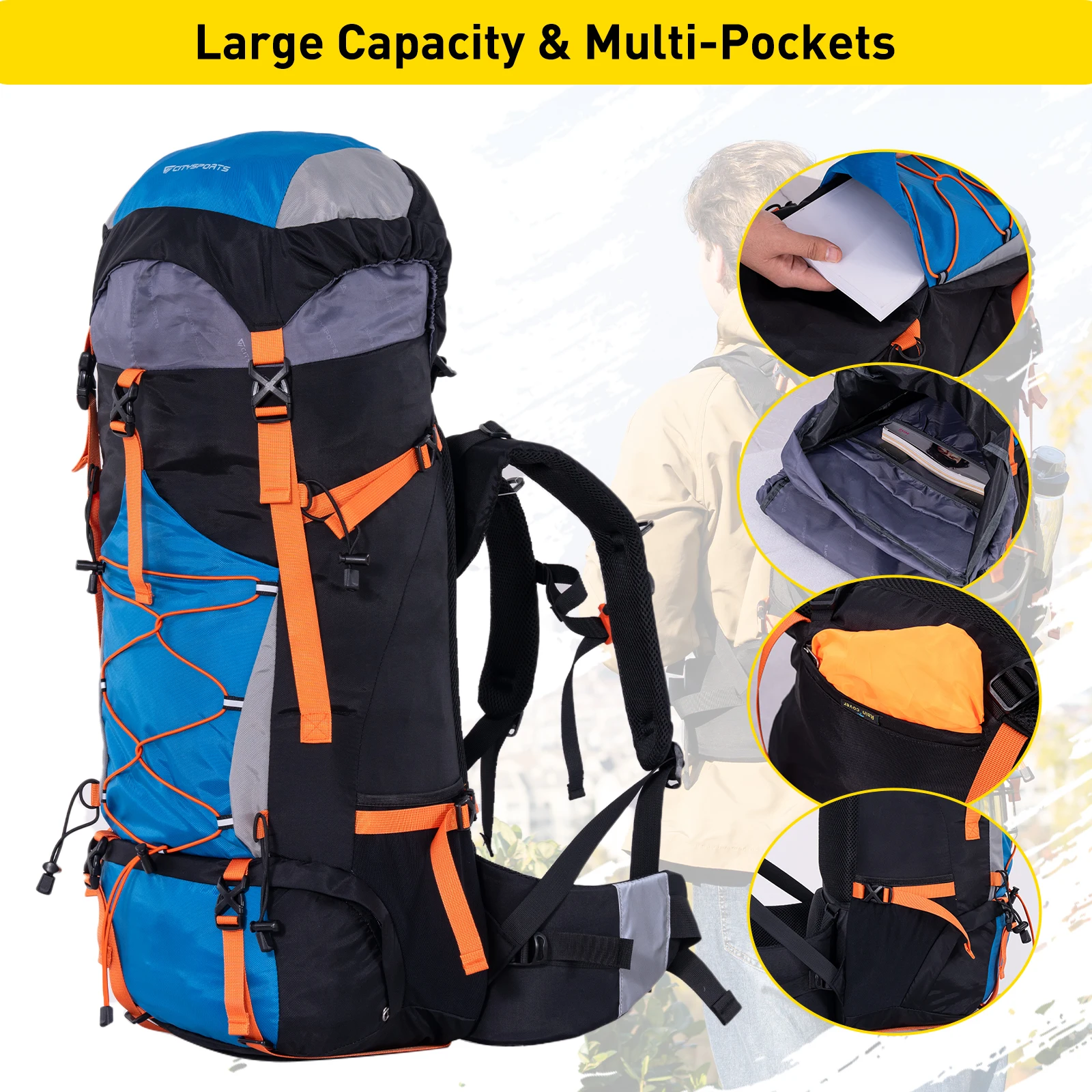 CITYSPORTS PRO Wanderrucksack, Faltbarer Reiserucksack, Trekkingrucksack, 60L (55 + 5), Outdoor-Sport-Reise-Tagesrucksack mit Regenschutz – Detail 3